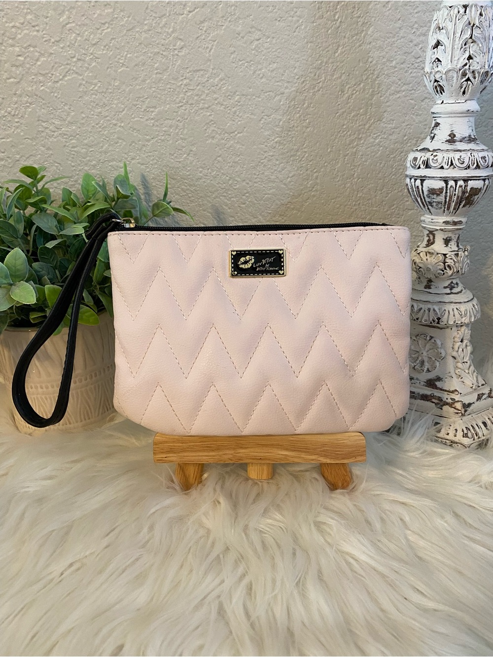 Betsey Johnson Pale Pink Quilted Wristlet Clutch with Black Strap & Added Chain